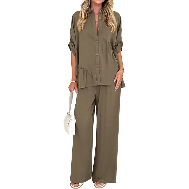 KIRUNDO Two Piece Sets for Women Spring Outfits 2026 Summer Fall Dressy Casual Button Down Shirt Wide Leg Pants Lounge Set