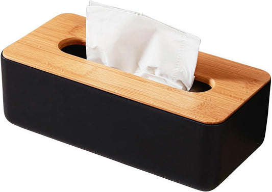 Tissue Box with Bamboo Cover,Plastic Tissue Organizer,Bathroom Tissue Dispenser for Home,Bedroom,Office,Living Room,8.1×4.6×2.9 in (Black)
