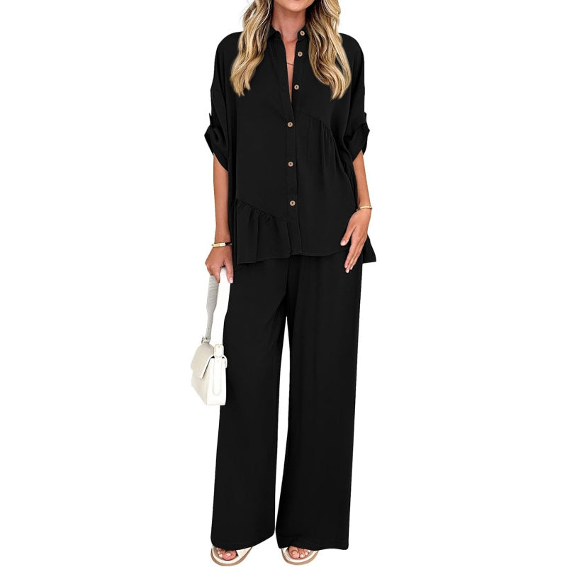 KIRUNDO Two Piece Sets for Women Spring Outfits 2026 Summer Fall Dressy Casual Button Down Shirt Wide Leg Pants Lounge Set