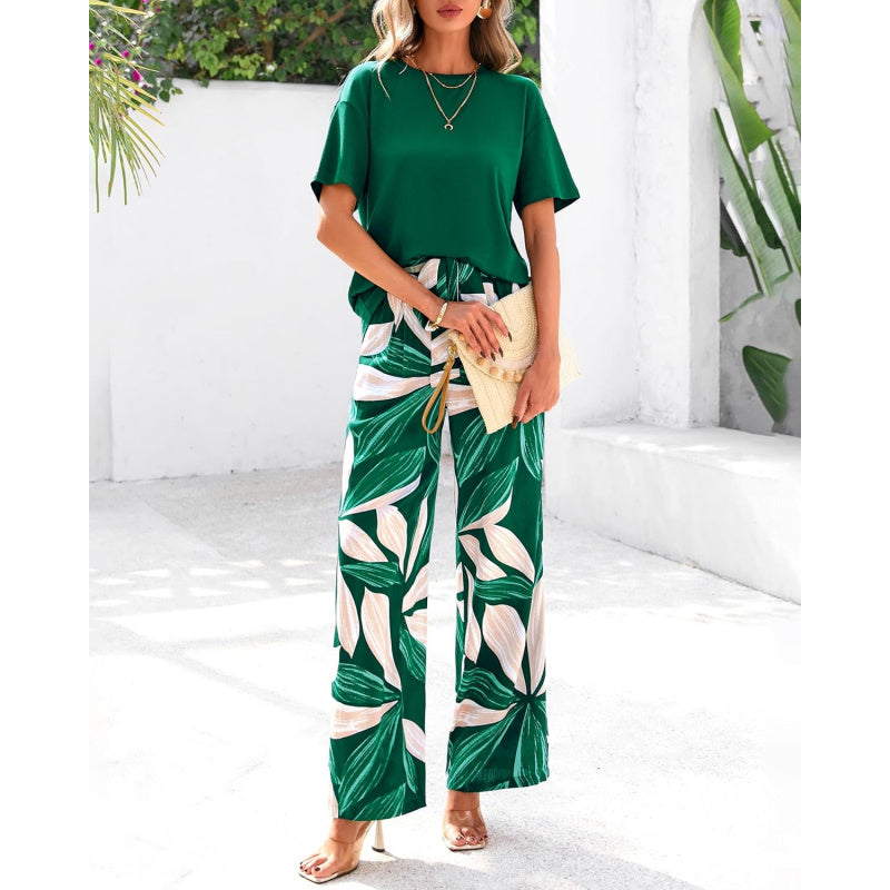 PRETTYGARDEN Women Summer 2 Piece Outfits 2026 Short Sleeve Knit Top Floral Print Belted Wide Leg Pant Sets With Pockets