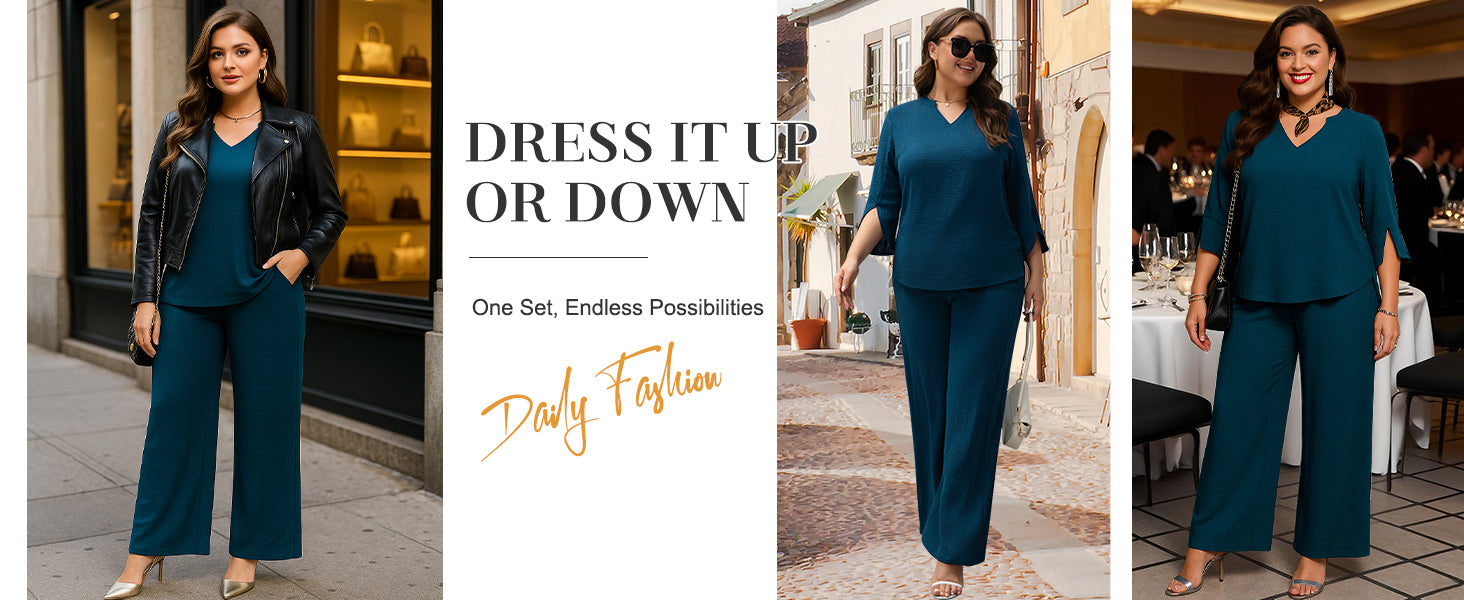 Pants Suits for Women Dressy Plus Size 2 Piece Sets 3/4 Sleeve Blouse Wide Leg Pant for Business Casual & Daily Wear