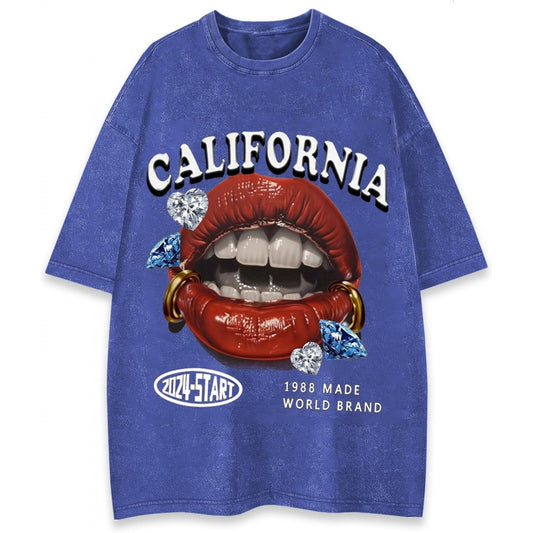 WDIRARA Men's Lip Graphic Tees Vintage Hipster Hip Hop Crew Neck Y2k T-Shirt Streetwear Top