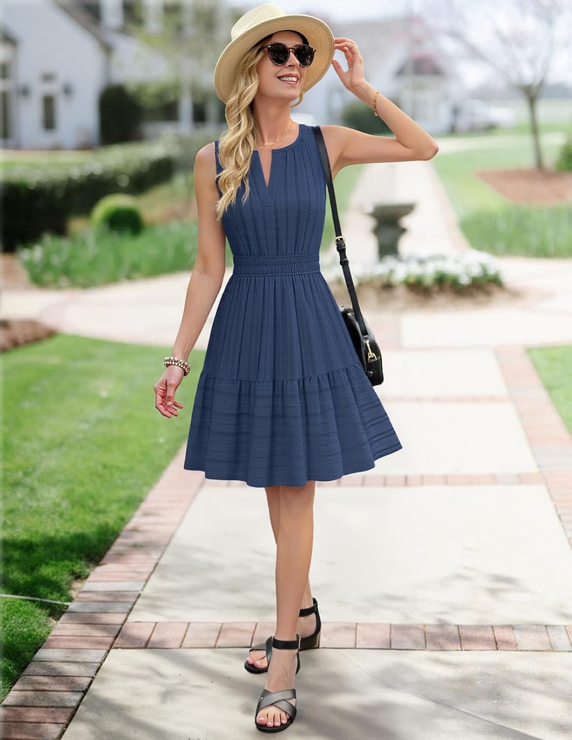 MEROKEETY Women's 2026 Summer Casual Mini Sundress Beach Vacation Sleeveless V Neck Flowy A Line Dress with Pockets