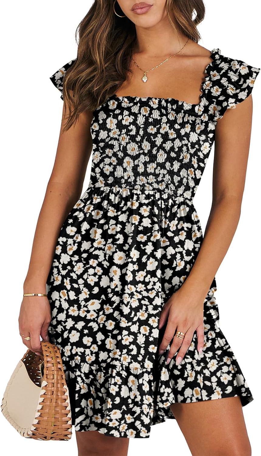 ANRABESS Women's Summer Casual Sleeveless Square Neck Dress 2026 Smocked Ruffle Backless Boho Beach Cute Teen Short Sundress