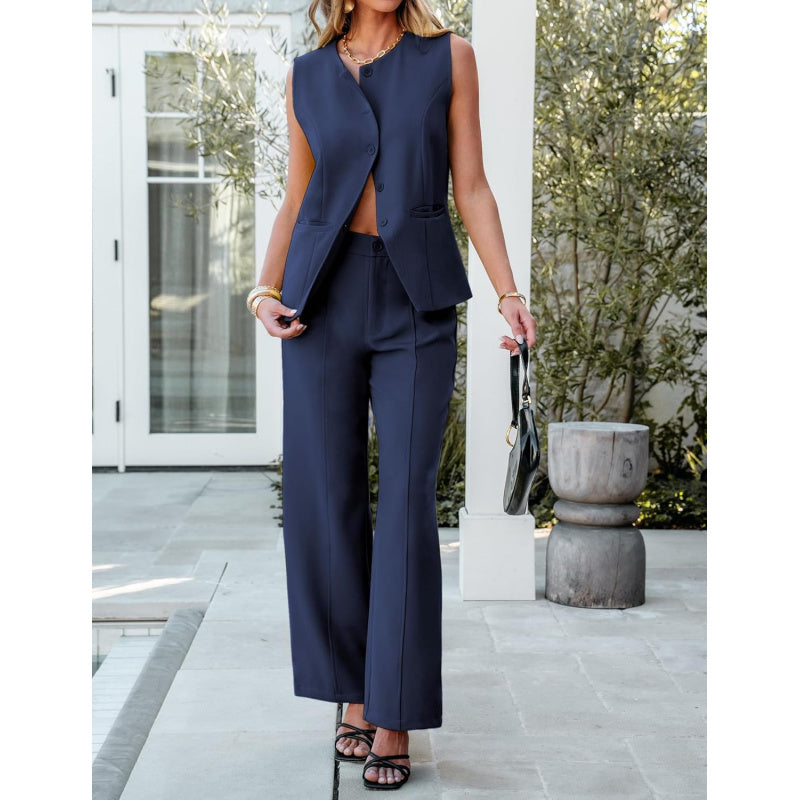 luvamia Vest Pants Suits for Women Dressy 2 Piece Business Casual Outfits Sleeveless Blazer Wide Leg Pants Pantsuit Sets