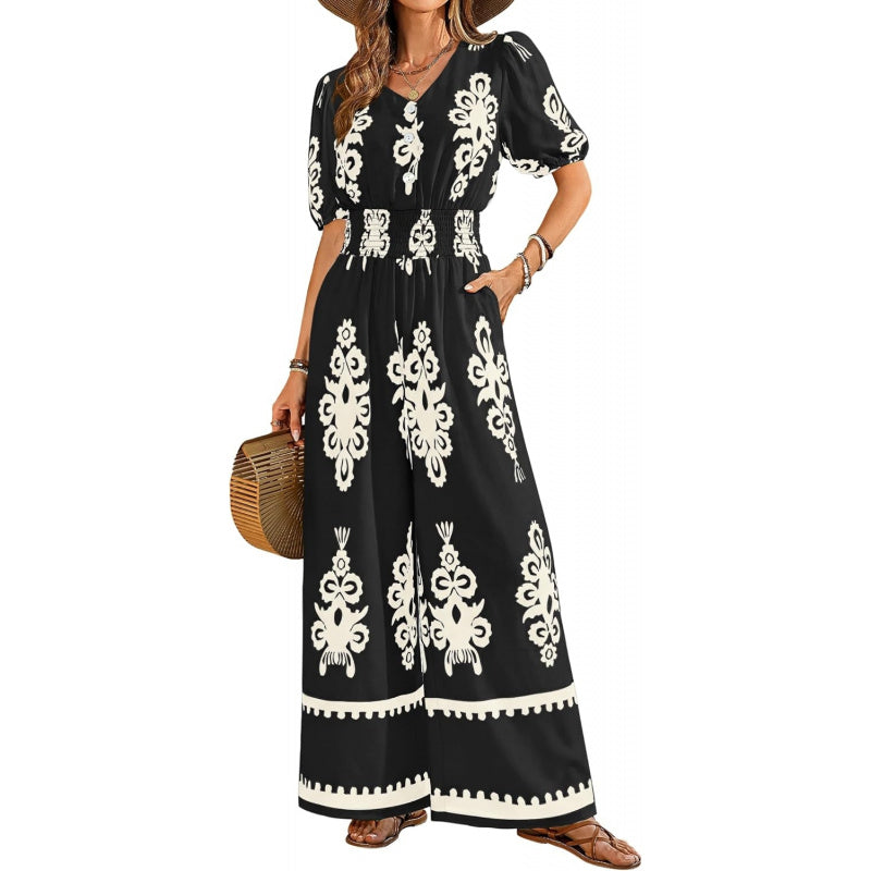 LOOKBOHO Womens Jumpsuits Short Sleeve V Neck Dressy Casual Wide Leg Pants Romper 2026 Summer One Piece Outfits