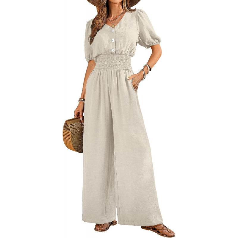 LOOKBOHO Womens Jumpsuits Short Sleeve V Neck Dressy Casual Wide Leg Pants Romper 2026 Summer One Piece Outfits