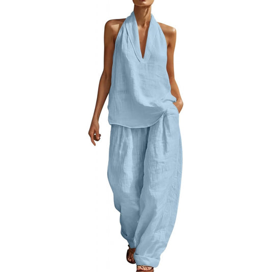 Two Piece Sets for Women Summer V Neck Halter Tops Casual Wide Leg Pants Beach Holiday Trendy Pantsuits