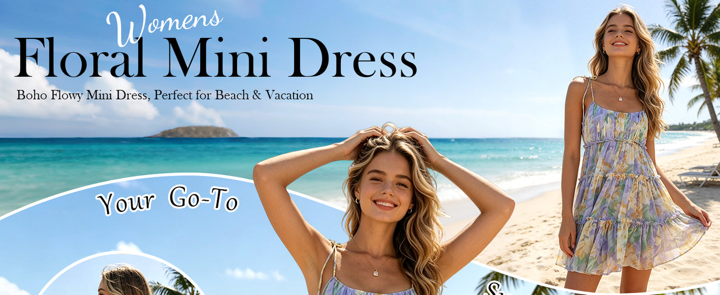 Mansy Womens 2026 Summer Floral Mini Dress Boho Flowy Skater Dresses Short Sleeveless Ruffle Spaghetti Strap Dress