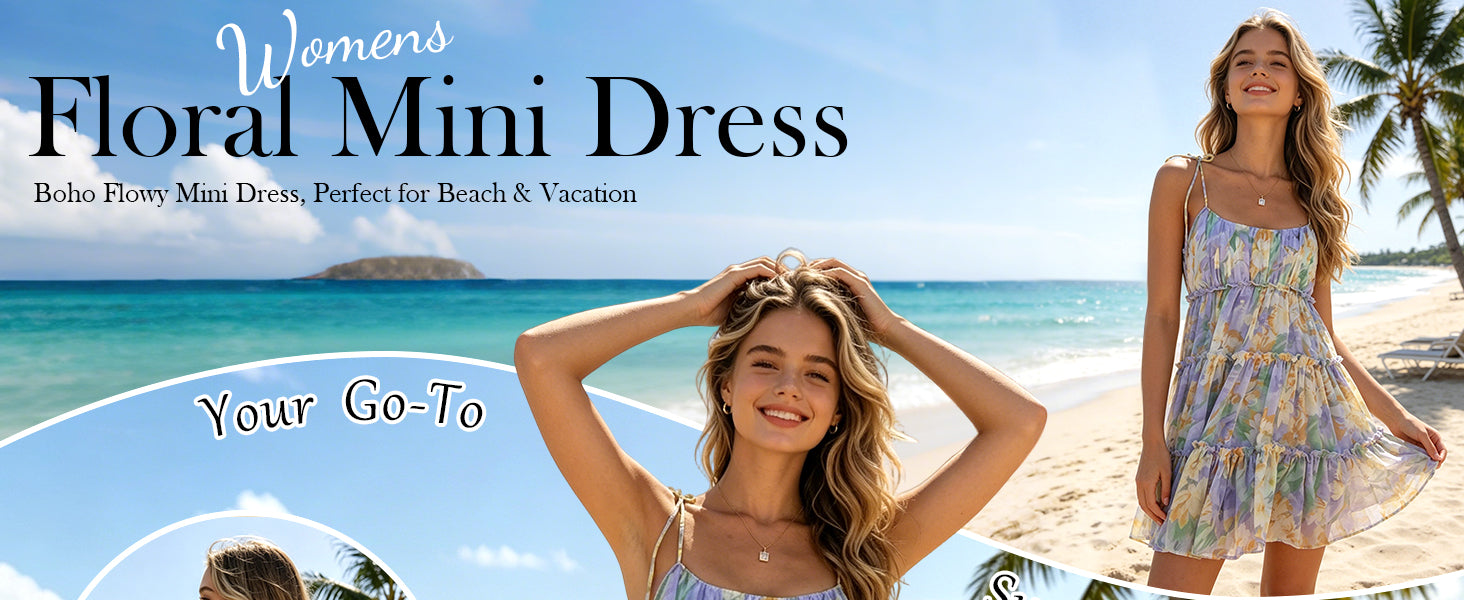 Mansy Womens 2026 Summer Floral Mini Dress Boho Flowy Skater Dresses Short Sleeveless Ruffle Spaghetti Strap Dress