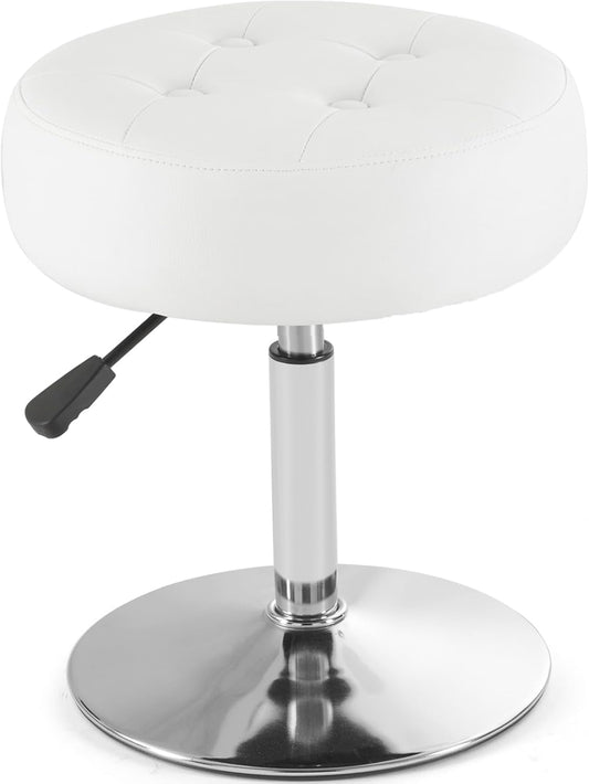 White Vanity Chair for Makeup Room Round Ottoman Tufted PU Leather Makeup Chair Vanity Stools for Bathroom Height Adjustable 360 Swivel