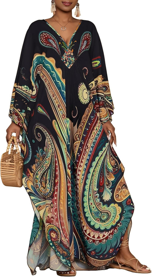 Bsubseach Kaftan Dresses for Women Ethnic Print Plus Size Beach Cover Ups Batwing Sleeve Caftans with Pockets