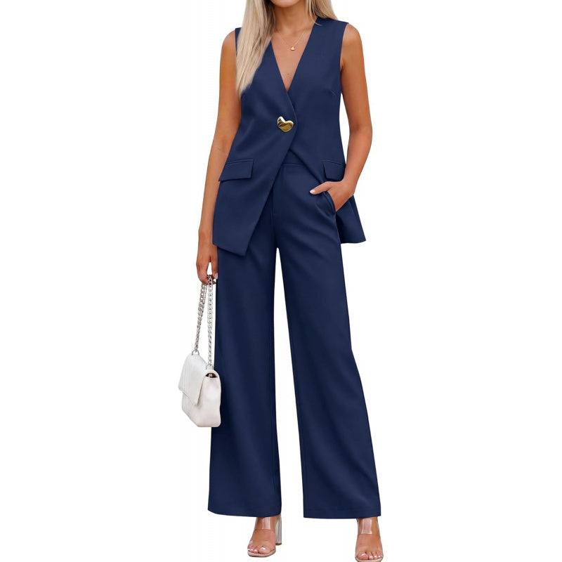 KIRUNDO Pant Suits for Women Dressy 2 Piece Business Casual Outfits Summer Sleeveless Blazer Vest Wide Leg Pantsuit Sets