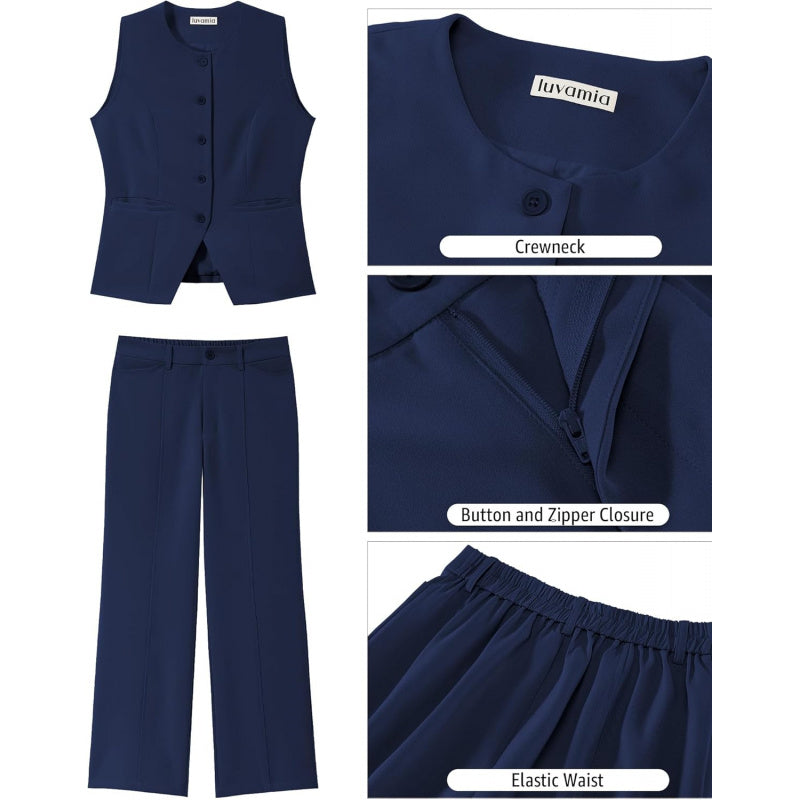 luvamia Vest Pants Suits for Women Dressy 2 Piece Business Casual Outfits Sleeveless Blazer Wide Leg Pants Pantsuit Sets