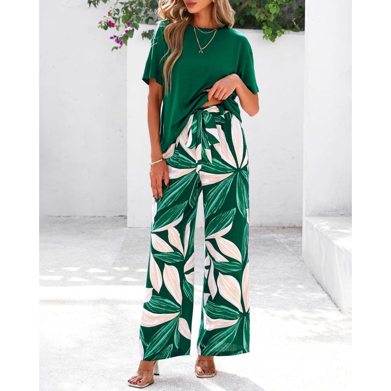 PRETTYGARDEN Women Summer 2 Piece Outfits 2026 Short Sleeve Knit Top Floral Print Belted Wide Leg Pant Sets With Pockets