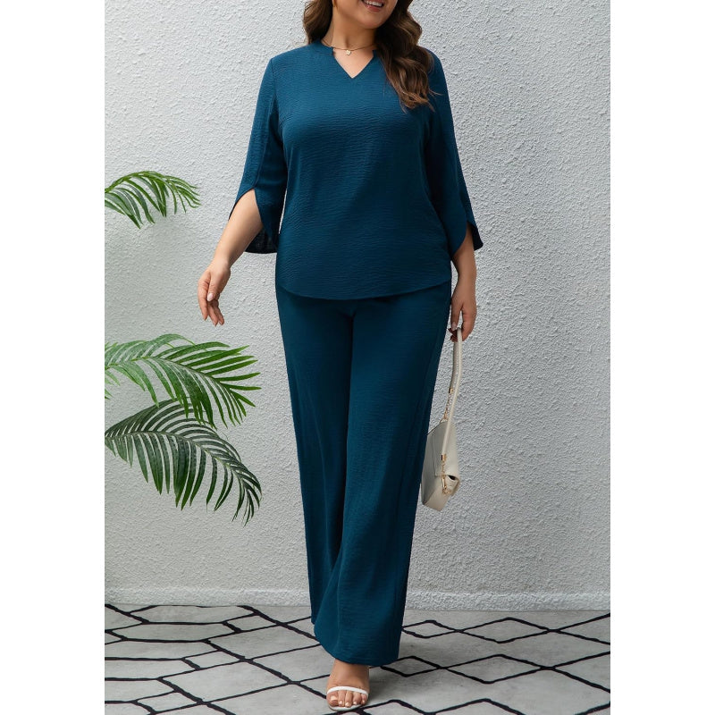Pants Suits for Women Dressy Plus Size 2 Piece Sets 3/4 Sleeve Blouse Wide Leg Pant for Business Casual & Daily Wear