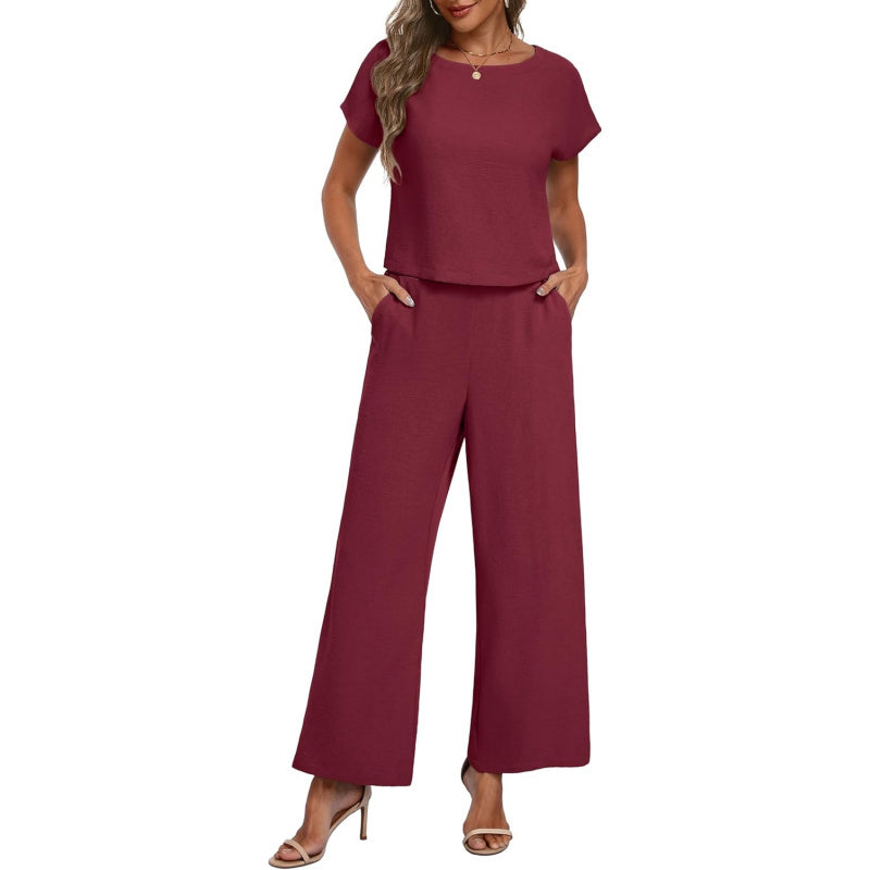 Lepunuo 2 Piece Sets for Women Summer Cap Sleeve Crop Top Wide Leg Pants Matching Lounge Set Vacation Beach Travel Outfits