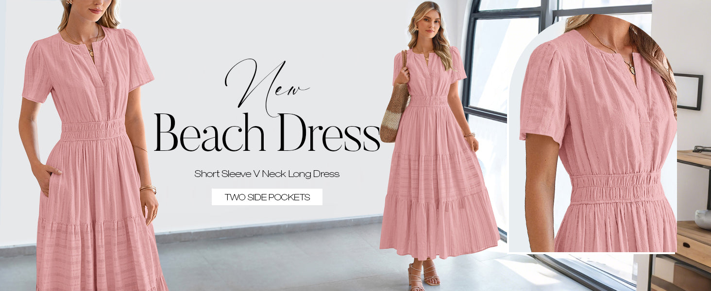 BTFBM Womens Summer 2026 Casual Midi Maxi Dresses Lightweight Short Sleeve V Neck Elastic Waist Boho Beach Dress Pockets