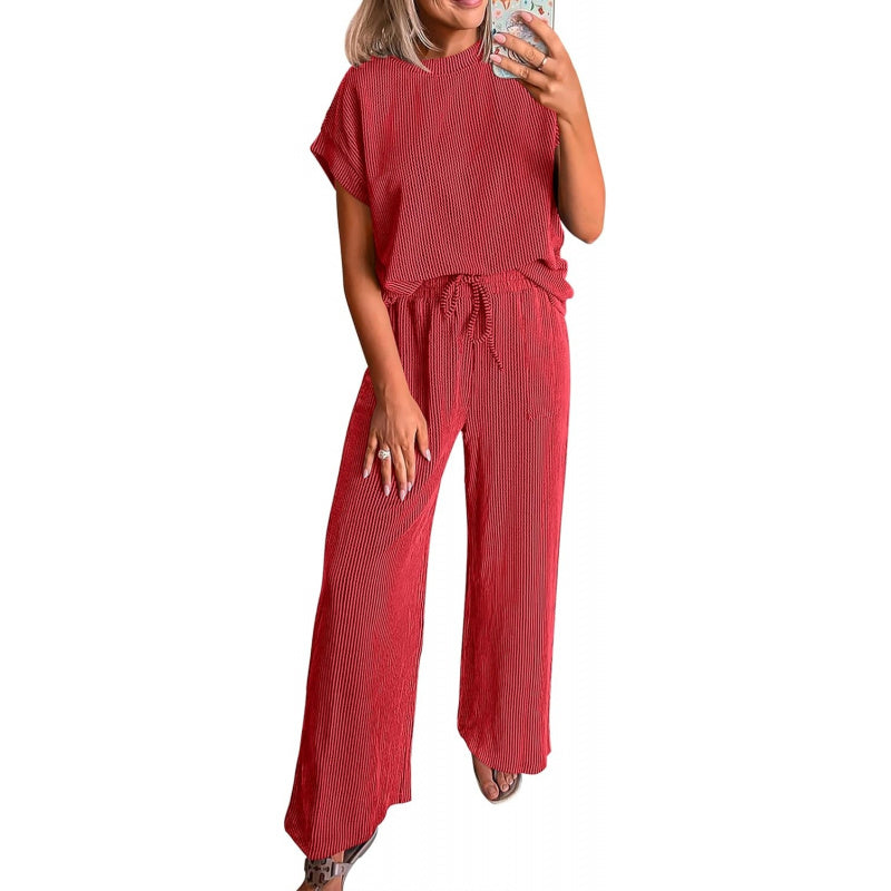 KIRUNDO 2 Piece Sets for Women Dressy Casual Ribbed Knit Short Sleeve Tops Wide Leg Pants Lounge Set Travel Airport Outfits