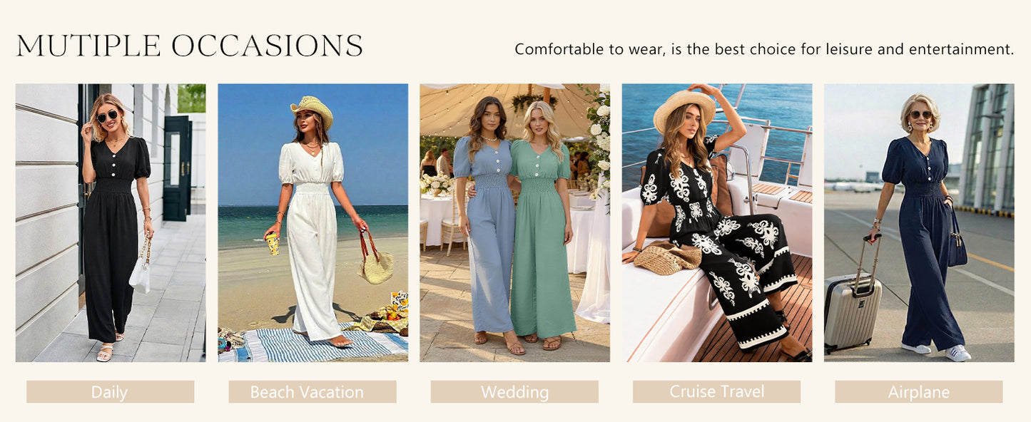 LOOKBOHO Womens Jumpsuits Short Sleeve V Neck Dressy Casual Wide Leg Pants Romper 2026 Summer One Piece Outfits