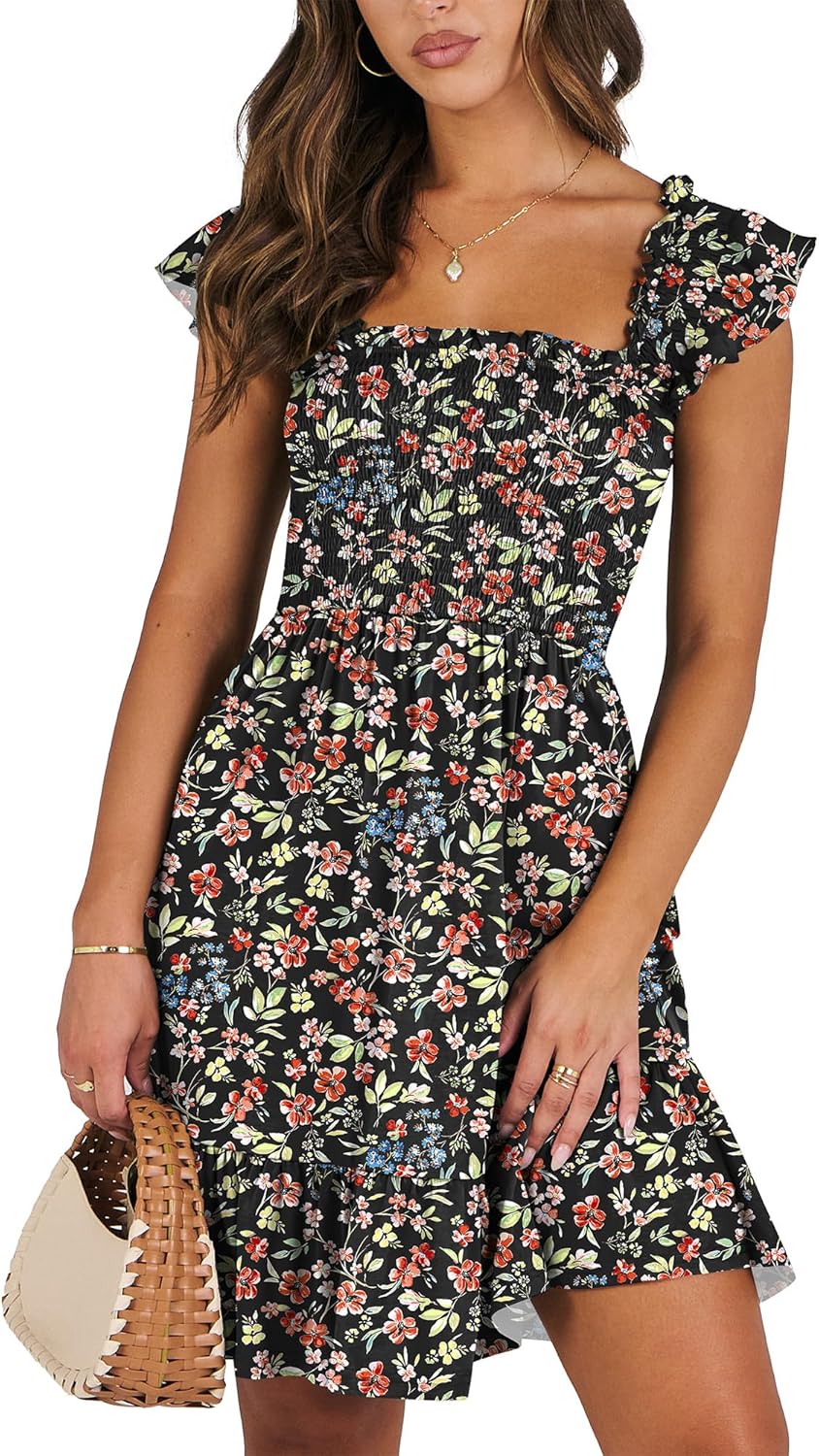 ANRABESS Women's Summer Casual Sleeveless Square Neck Dress 2026 Smocked Ruffle Backless Boho Beach Cute Teen Short Sundress