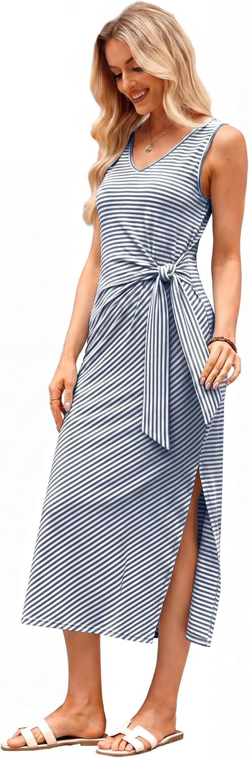 OFEEFAN Summer Dresses for Women 2026 V Neck Sleeveless Casual Dress Elegant Work Long Midi Dresses for Women Tie Waist