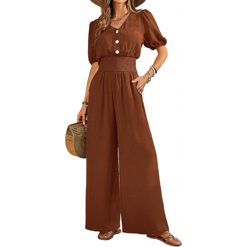 LOOKBOHO Womens Jumpsuits Short Sleeve V Neck Dressy Casual Wide Leg Pants Romper 2026 Summer One Piece Outfits