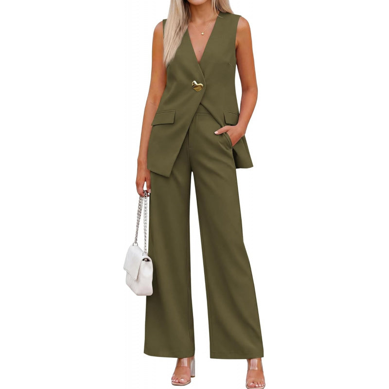 KIRUNDO Pant Suits for Women Dressy 2 Piece Business Casual Outfits Summer Sleeveless Blazer Vest Wide Leg Pantsuit Sets