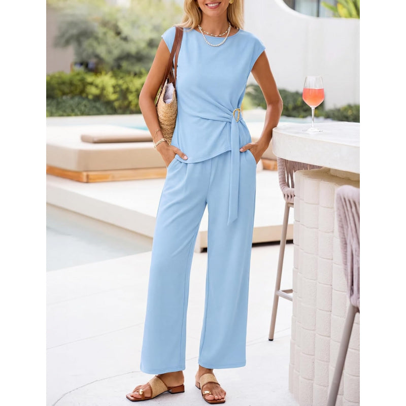 ZESICA Women's 2026 Summer 2 Piece Outfit Sets Casual Short Sleeve Knit Belted Tops and Wide Leg Pants Work Office Clothes
