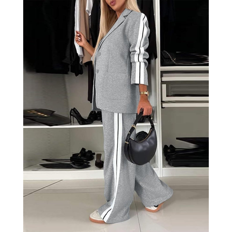 CHICME Womens Two Piece Outfits Striped Side Button Blazer and Pants with Pockets Sets Business Casual Pant Suits Set
