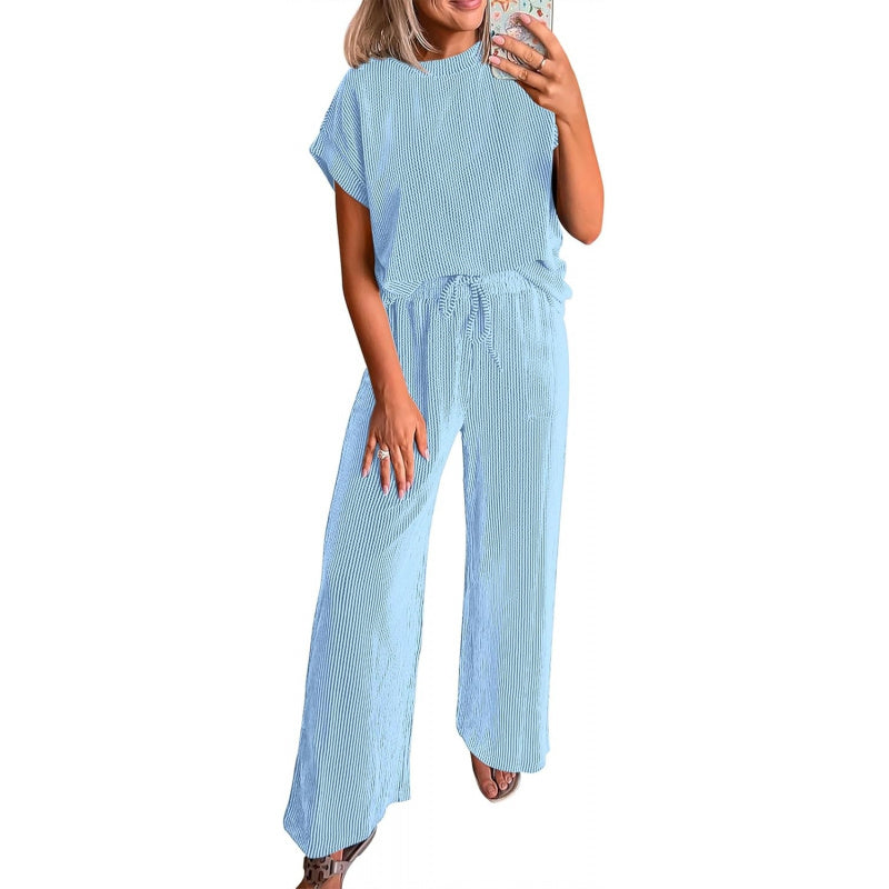 KIRUNDO 2 Piece Sets for Women Dressy Casual Ribbed Knit Short Sleeve Tops Wide Leg Pants Lounge Set Travel Airport Outfits