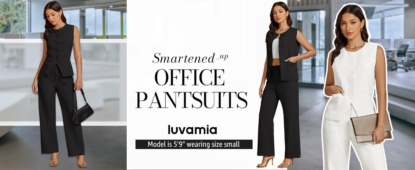 luvamia Vest Pants Suits for Women Dressy 2 Piece Business Casual Outfits Sleeveless Blazer Wide Leg Pants Pantsuit Sets