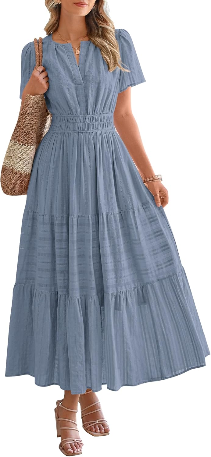 BTFBM Womens Summer 2026 Casual Midi Maxi Dresses Lightweight Short Sleeve V Neck Elastic Waist Boho Beach Dress Pockets