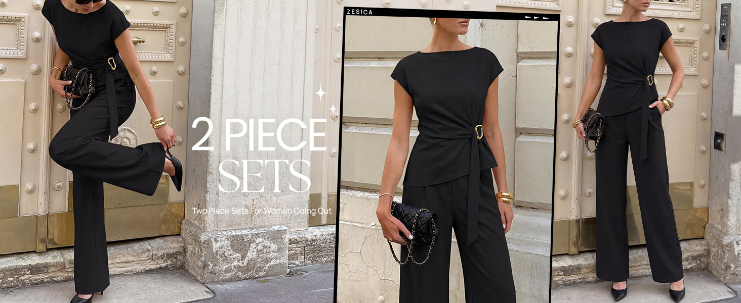ZESICA Women's 2026 Summer 2 Piece Outfit Sets Casual Short Sleeve Knit Belted Tops and Wide Leg Pants Work Office Clothes