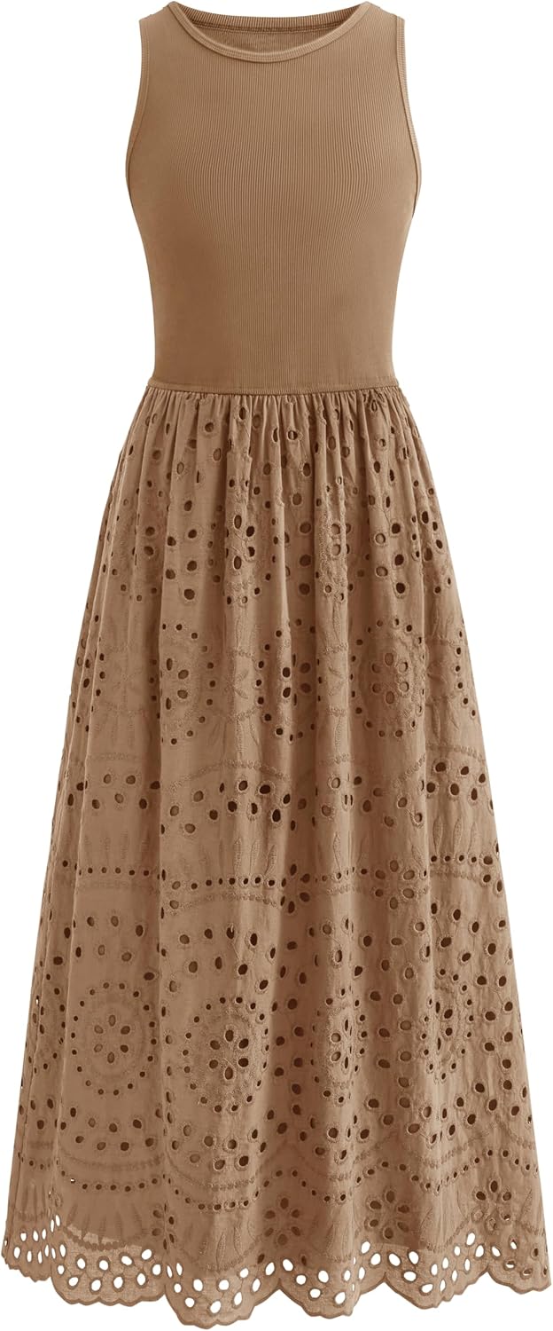 dowerme Women Summer Dresses 2026 Casual Sleeveless Crewneck A-Line Boho Lace Eyelet Cotton Tank Maxi Dress with Pockets