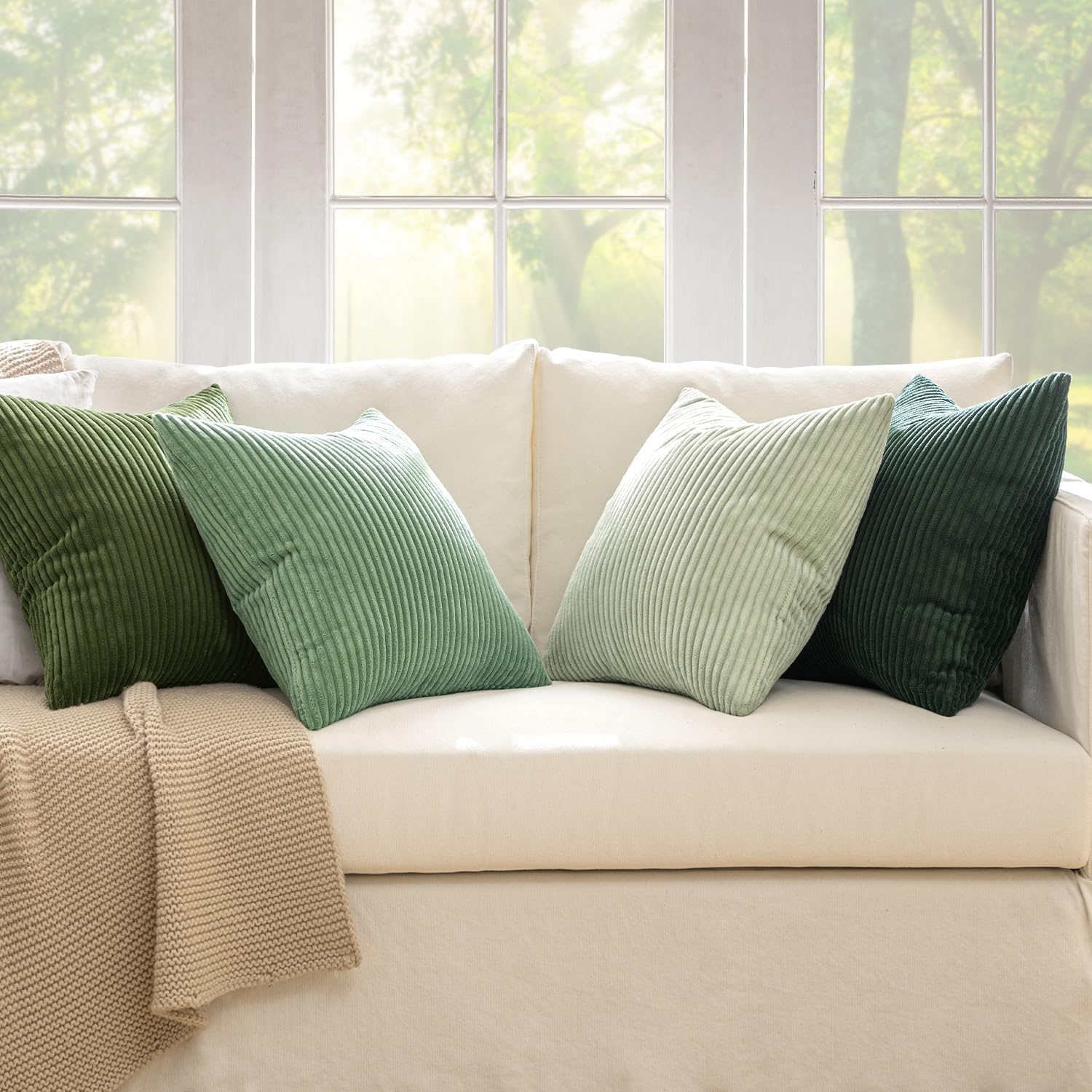 MIULEE Boho Farmhouse Sage Green Throw Pillow Covers 18x18 Inch Set of 4 Mordern Nordic Cushion Covers Soft Corduroy Spring Home Decor for Couch Bed Sofa Living Room Forest Green