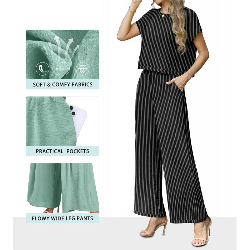 Lepunuo 2 Piece Sets for Women Summer Cap Sleeve Crop Top Wide Leg Pants Matching Lounge Set Vacation Beach Travel Outfits