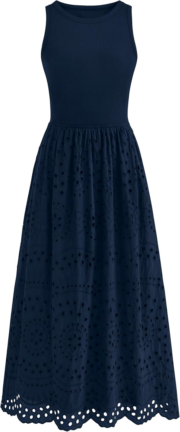 dowerme Women Summer Dresses 2026 Casual Sleeveless Crewneck A-Line Boho Lace Eyelet Cotton Tank Maxi Dress with Pockets
