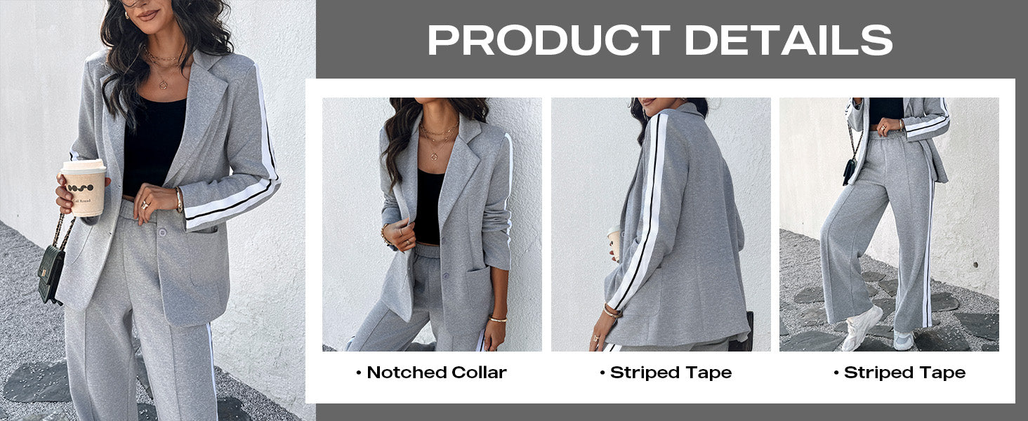 CHICME Womens Two Piece Outfits Striped Side Button Blazer and Pants with Pockets Sets Business Casual Pant Suits Set