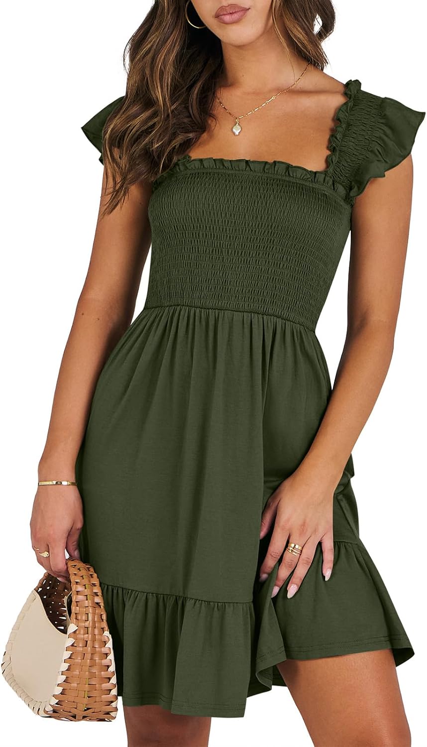 ANRABESS Women's Summer Casual Sleeveless Square Neck Dress 2026 Smocked Ruffle Backless Boho Beach Cute Teen Short Sundress