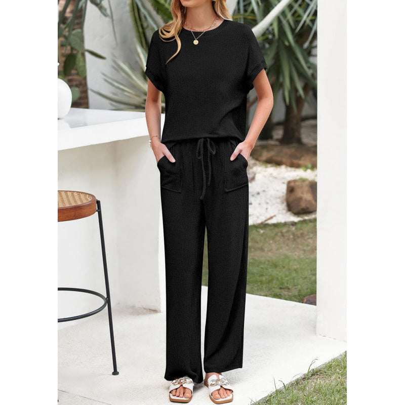 KIRUNDO 2 Piece Sets for Women Dressy Casual Ribbed Knit Short Sleeve Tops Wide Leg Pants Lounge Set Travel Airport Outfits