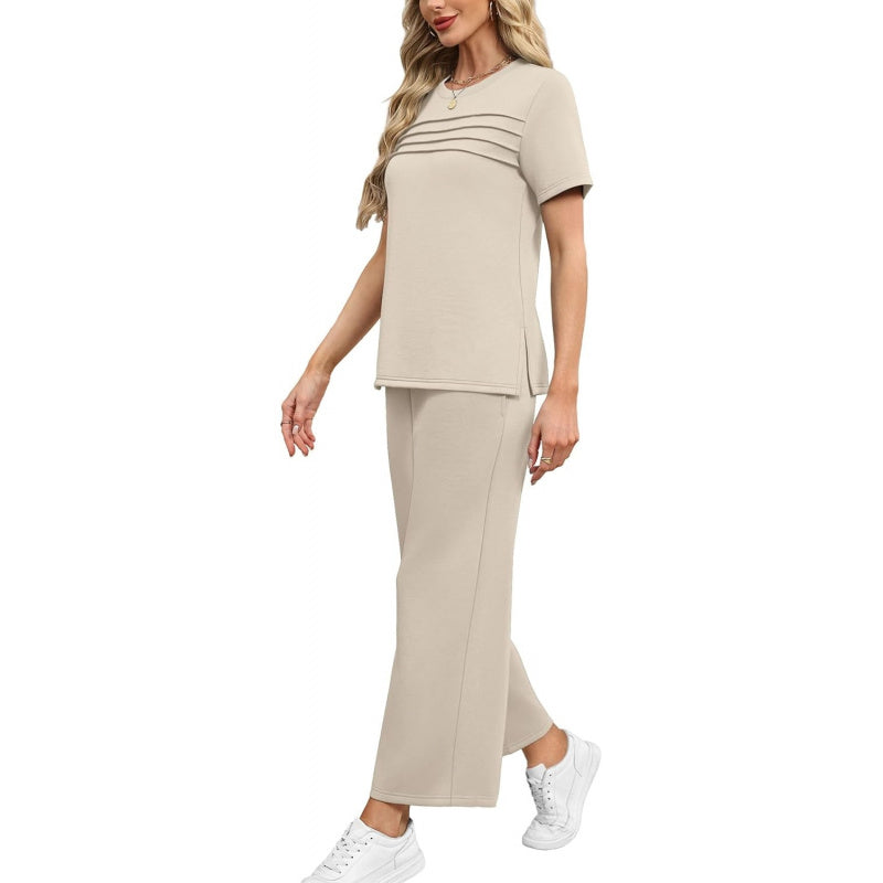 WIHOLL Two Piece Sets for Women Summer Spring Travel Vacation Outfits Short Sleeve Lounge Sets Side Slit Wide Leg Pants S-3XL
