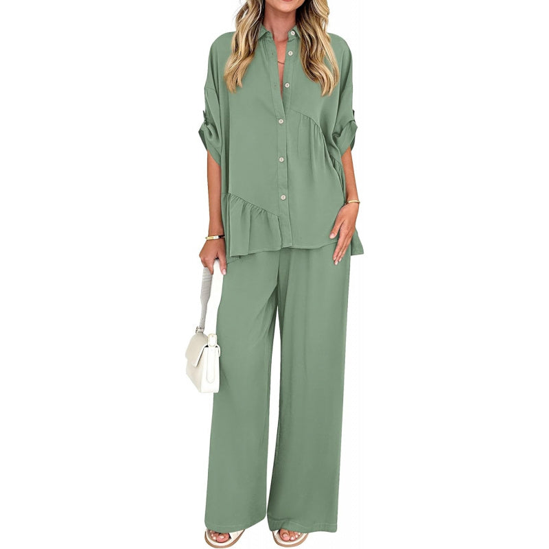 KIRUNDO Two Piece Sets for Women Spring Outfits 2026 Summer Fall Dressy Casual Button Down Shirt Wide Leg Pants Lounge Set