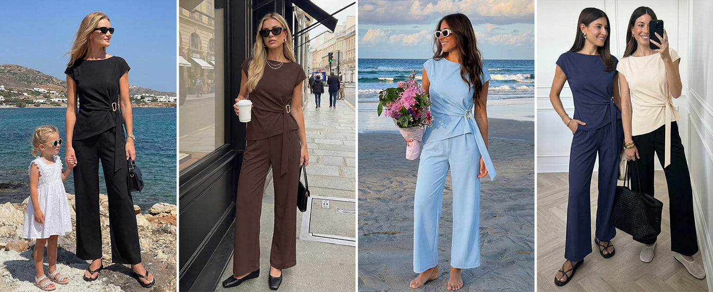 ZESICA Women's 2026 Summer 2 Piece Outfit Sets Casual Short Sleeve Knit Belted Tops and Wide Leg Pants Work Office Clothes