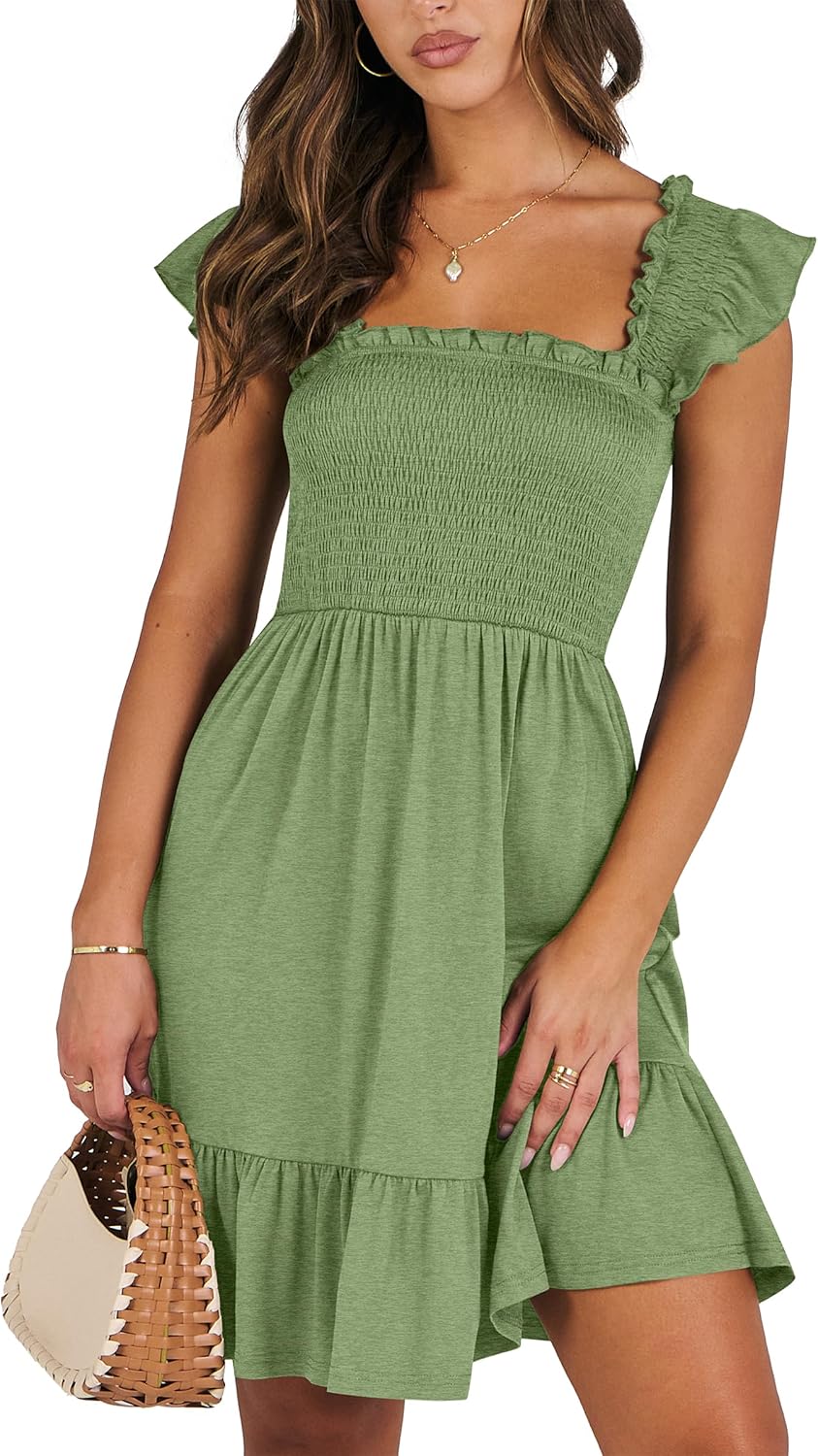 ANRABESS Women's Summer Casual Sleeveless Square Neck Dress 2026 Smocked Ruffle Backless Boho Beach Cute Teen Short Sundress