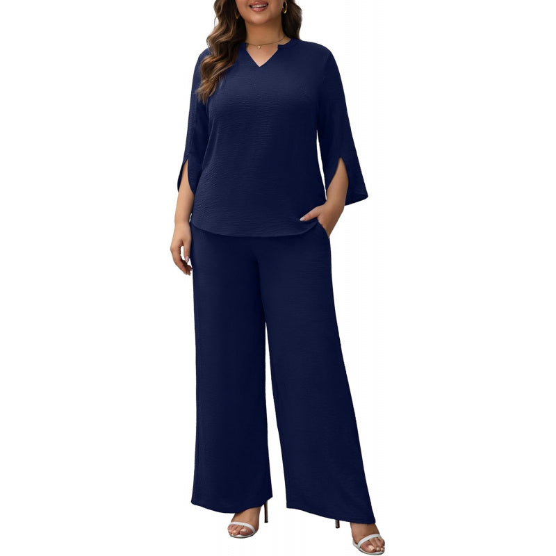 Pants Suits for Women Dressy Plus Size 2 Piece Sets 3/4 Sleeve Blouse Wide Leg Pant for Business Casual & Daily Wear