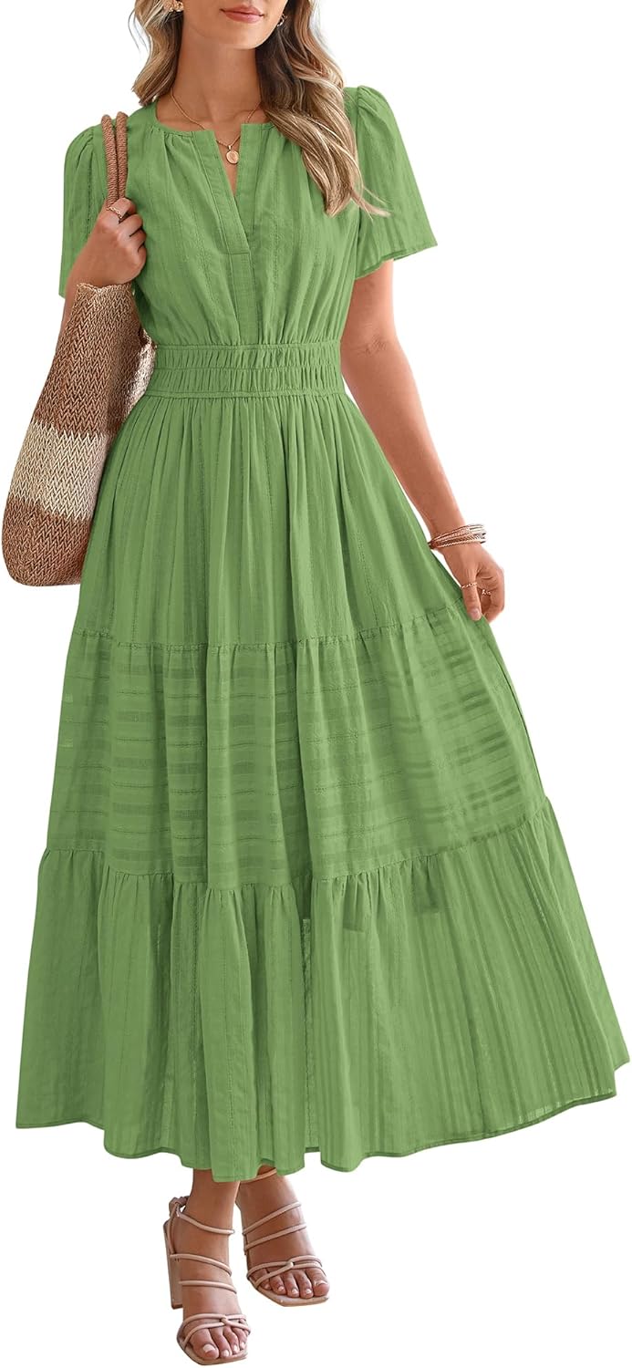 BTFBM Womens Summer 2026 Casual Midi Maxi Dresses Lightweight Short Sleeve V Neck Elastic Waist Boho Beach Dress Pockets