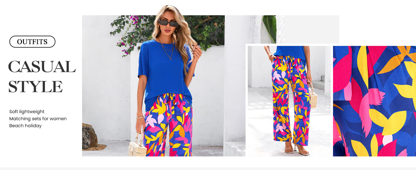 PRETTYGARDEN Women Summer 2 Piece Outfits 2026 Short Sleeve Knit Top Floral Print Belted Wide Leg Pant Sets With Pockets