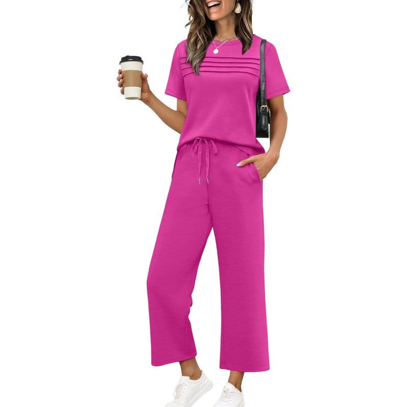 WIHOLL Two Piece Sets for Women Summer Spring Travel Vacation Outfits Short Sleeve Lounge Sets Side Slit Wide Leg Pants S-3XL