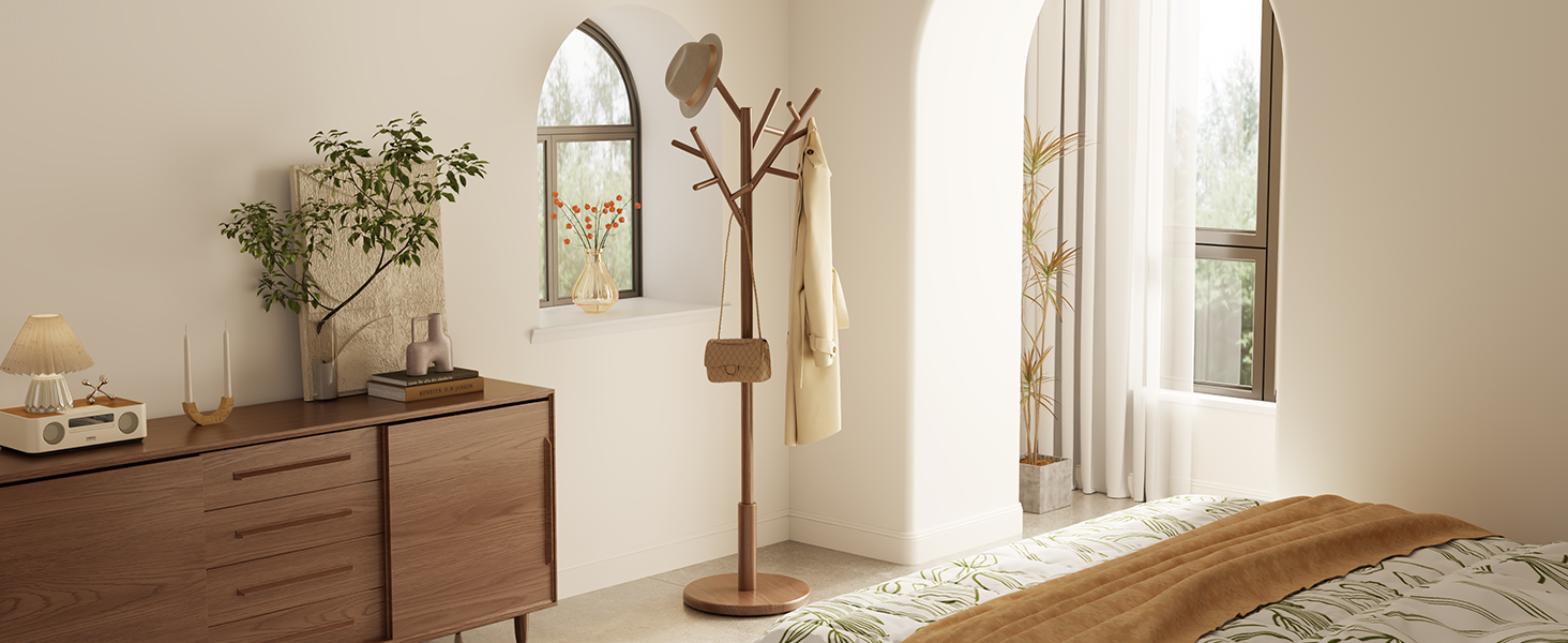 Coat Rack,Solid Wood Coat Rack Freestanding with 12 Hooks,Coat tree freestanding 3 Adjustable Heights for coat, Hats, Handbags，Coat Stand for Entryway,Bedroom (Walnut)